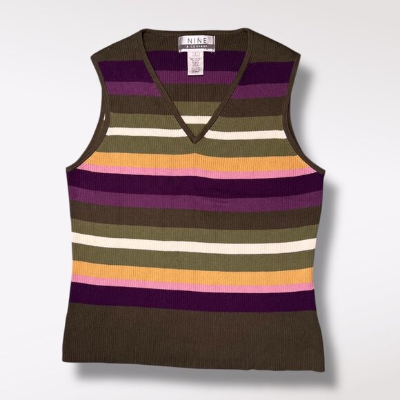 Y2K Striped Sweater Vest Purple Olive Gold Pink Ribbed Knit Retro 2000s Large - Picture 7 of 7
